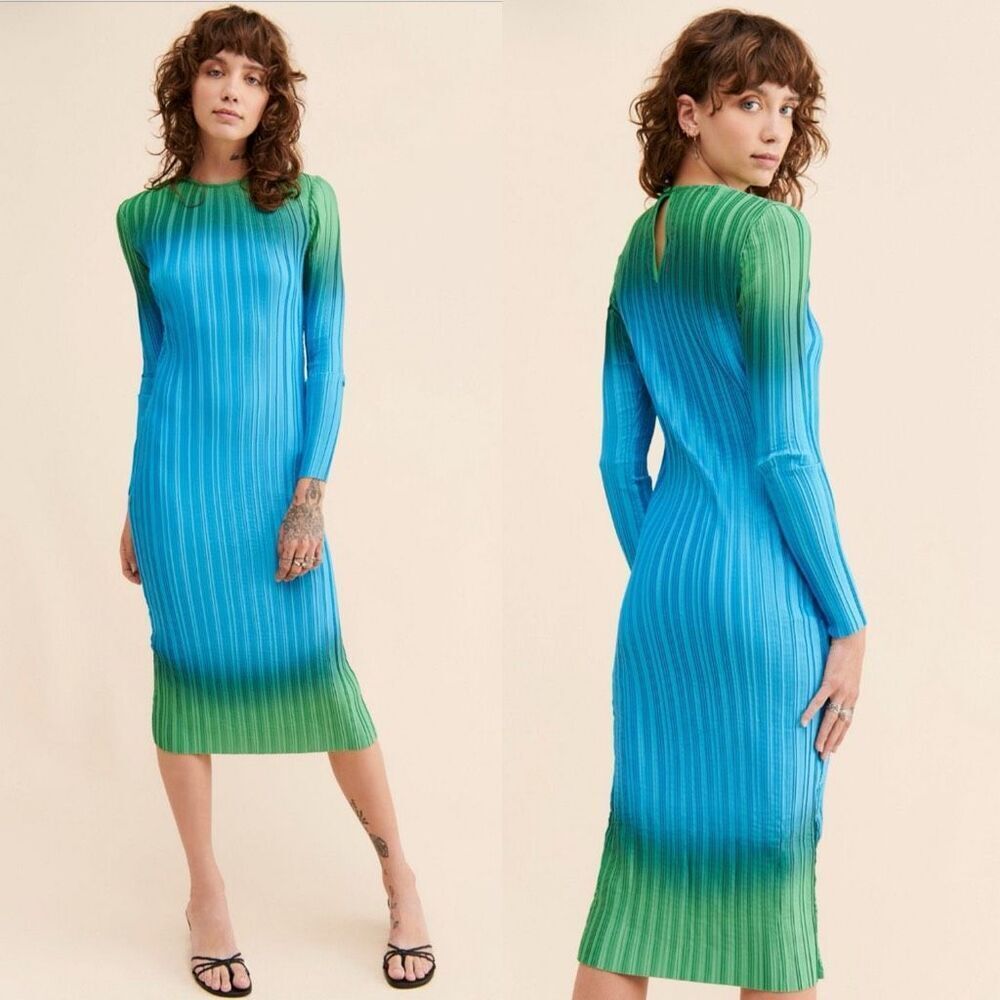 Arthur * Ribbed Pleated Midi Dress Ombré Blue Green Long Sleeve US 6 Free People - Picture 4 of 15